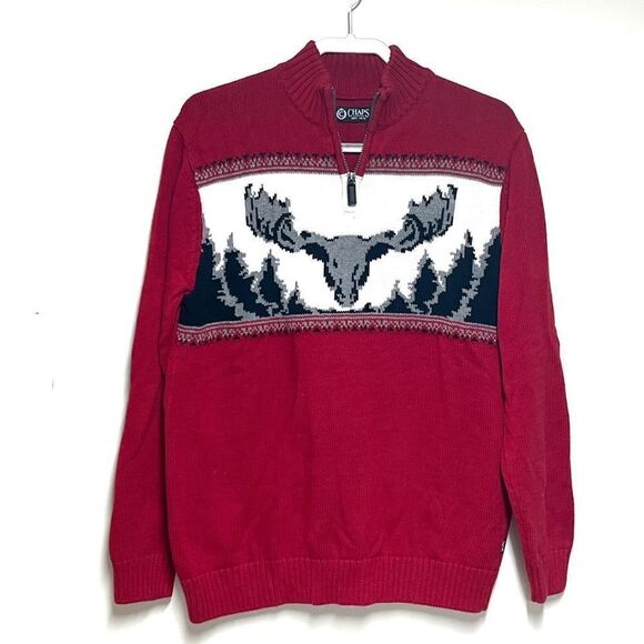 Ralph Lauren Chaps Nordic Reindeer Fair Isle Red Cotton Sweater Sz L - Picture 1 of 4